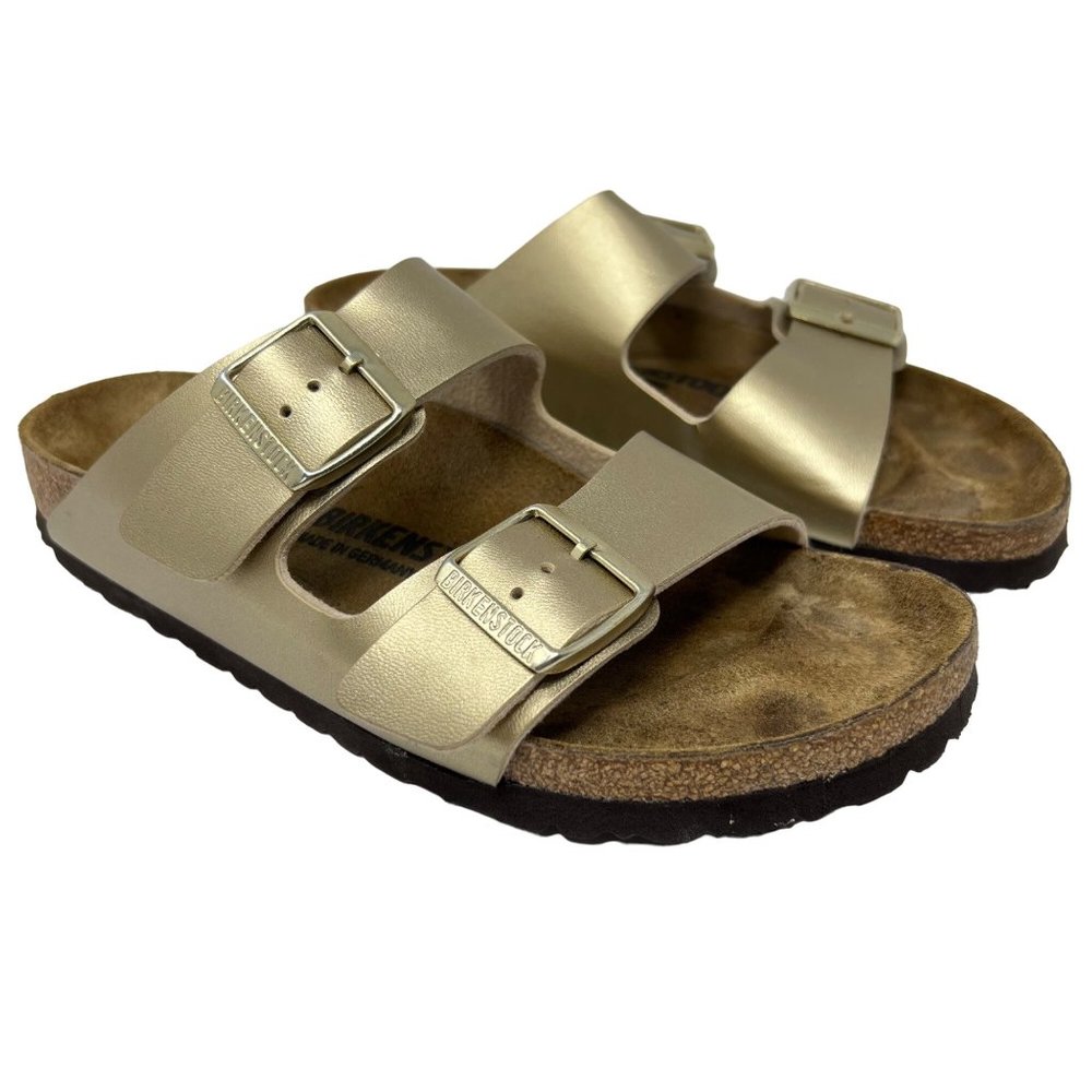 Birkenstock Womens US 8 EU 39 Arizona Gold Sandals  Double Banded Buckle Slip-On